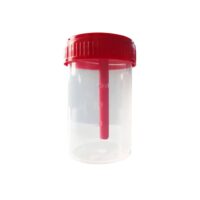 Stuhlsammelbehälter, 40 ml, transparent, milchig, rot mit PE Verschluss
